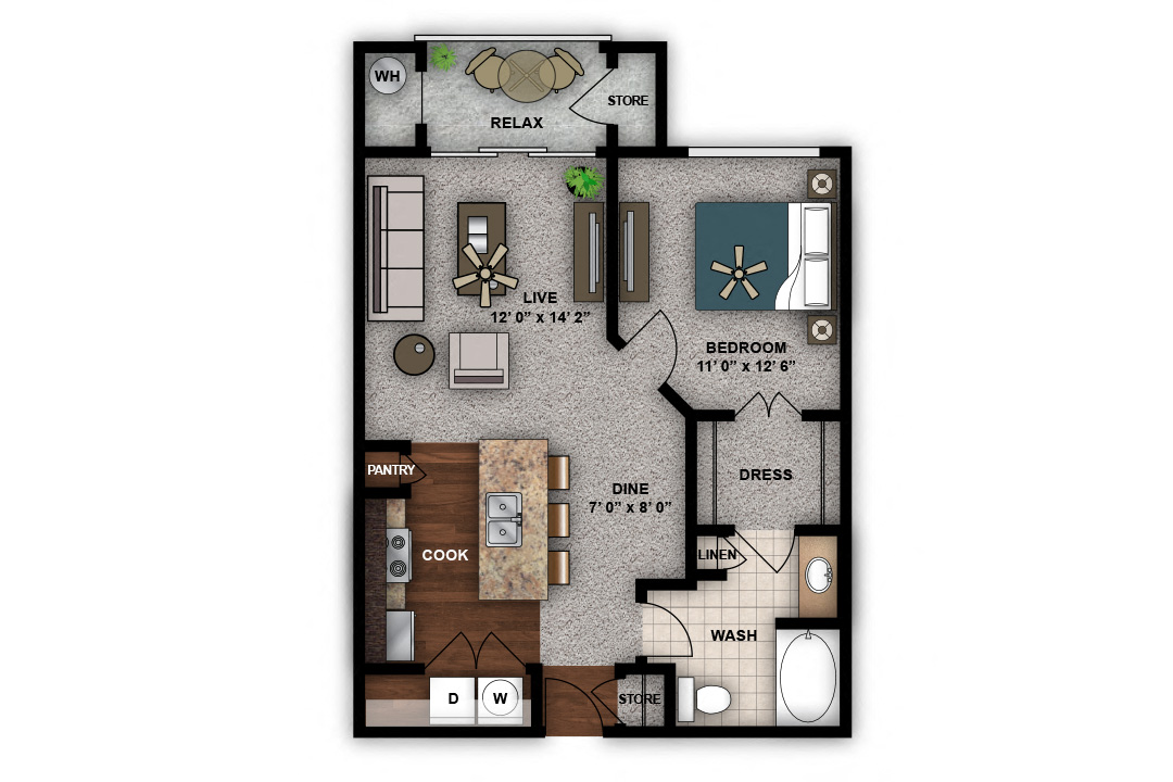 Floor plan for 1 bed, 1 bath, 692 sqft